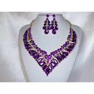Purple necklace set, wedding rhinestone necklace prom party  necklace set